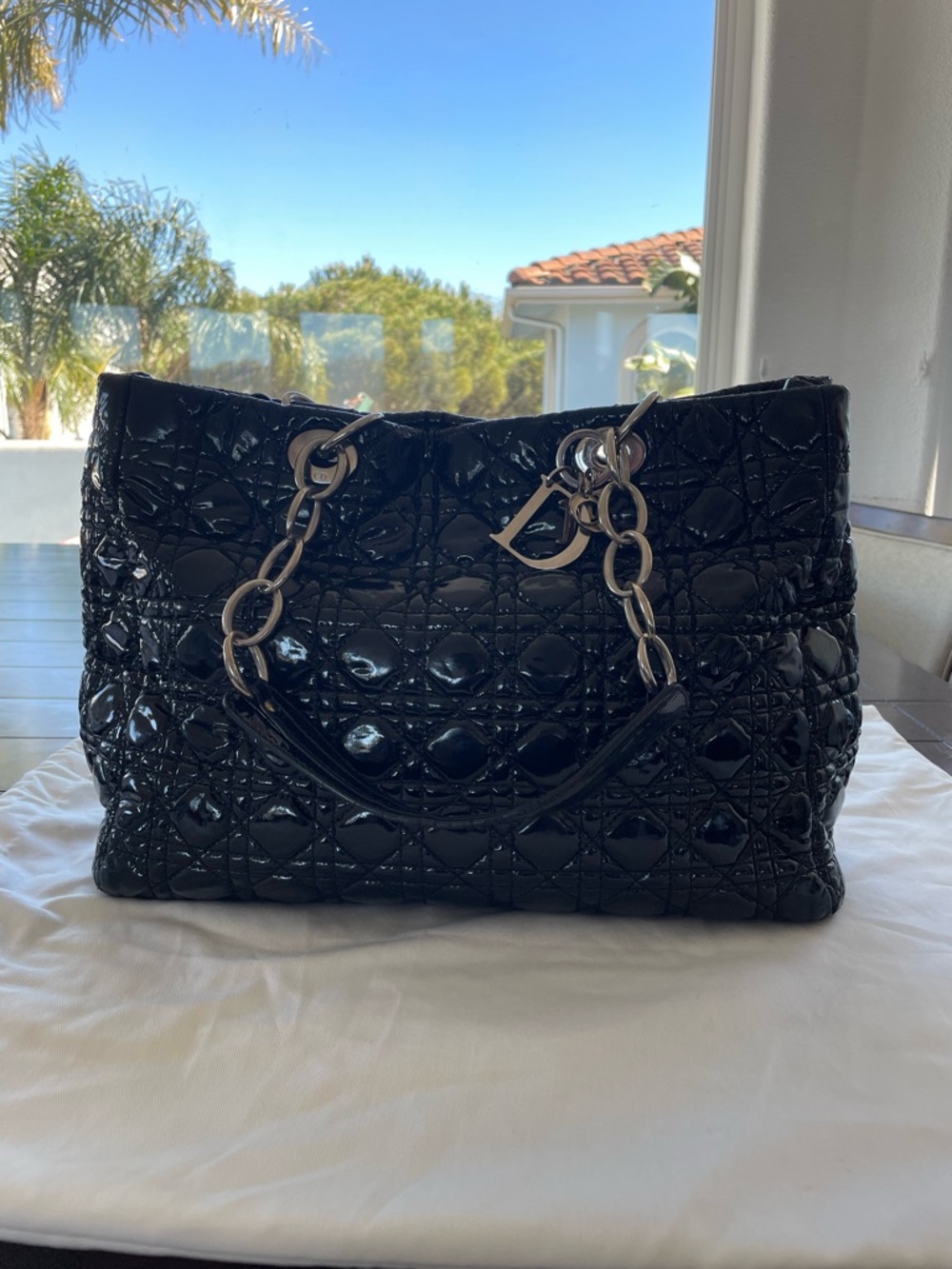 Christian Dior Black Soft Patent Quilted Tote Bag with Chain Handles